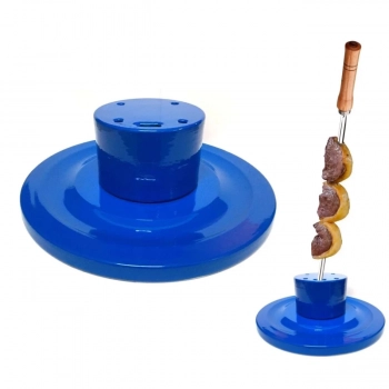 Kit 2 Suporte Espeto de Mesa Alumnio com 5 Furos + 2 Suportes Porta Espeto 5 Furos Azul para Churrasco