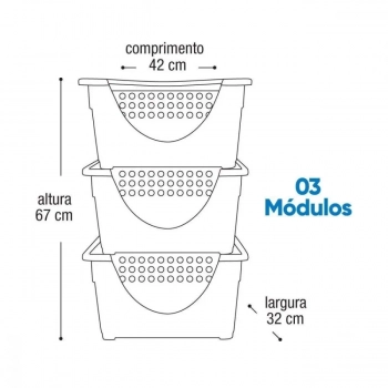 Kit 6 Cestos Organizadores Guarda-tudo Empilhvel com 3 Peas Cinza