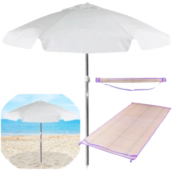 Kit Guarda-sol Praia 1,60m Branco + Esteira de Palha Roxa