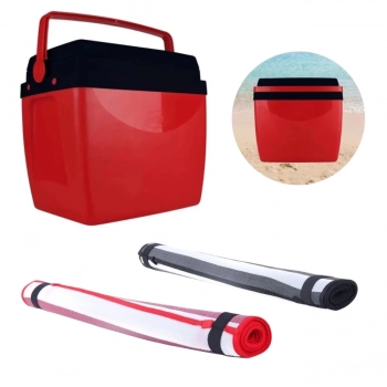 Kit Praia Vermelho / Preto Caixa Trmica Cooler 34 L + Duas Esteiras 1,80 M