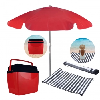 Kit Praia Vermelho e Preto Cooler 26 L + Esteira Preta + Guarda Sol 1,60 M