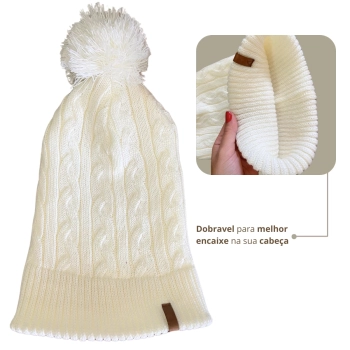 Touca Gorro Bariloche com Pompom Bege Claro Off White Conquista