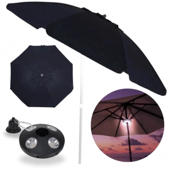 Kit Guarda Sol Articulado 2 Metros Preto + Luminaria de 24 Leds Preta Jardim e Area Externa