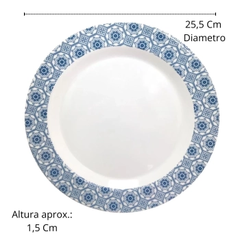 Prato Raso 25,5 Cm Branco Decorado Nas Bordas em Melamina / Plstico