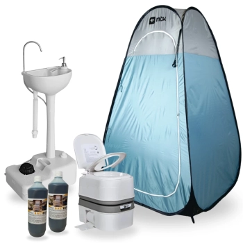 Kit Trocador Banheiro Pop Up + Vaso Porta Potti 24 L Ecocamp + Pia Lavatrio 17 L + 2 Solventes