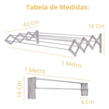 Kit Varal de Cho Alumnio 1,53 M com Abas + Varal Retrtil de Parede 1 M + Kit Instalao