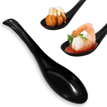 Kit 6 Colheres para Sopas e Molhos Preta + 6 Travessas Prato para Sushi 18 X 11 Cm Melamina