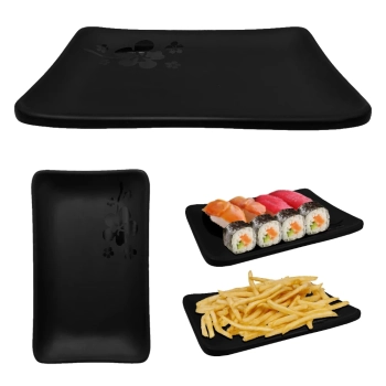 Kit 6 Colheres para Sopas e Molhos Preta + 6 Travessas Prato para Sushi 18 X 11 Cm Melamina