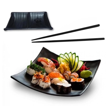 Kit Jantar Casal Comida Japonesa 2 Pratos Cncavos + 2 Pares Hashi + 1 Molheira Preta