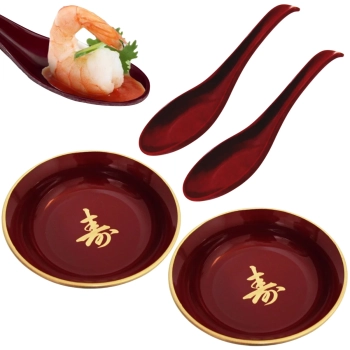 Kit 2 Molheiras Mini Tigela Redonda Fukazala 185 Ml + 2 Colheres Vermelhas para Comida Japonesa