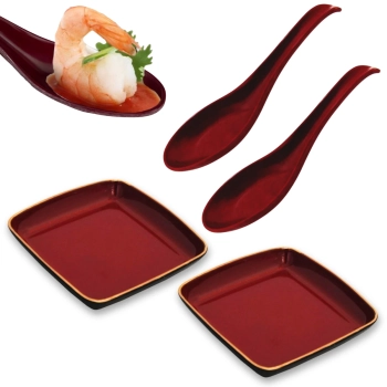 Kit 2 Molheiras Mini Tigela Quadrada Kozara 90 Ml + 2 Colheres Vermelhas para Comida Japonesa