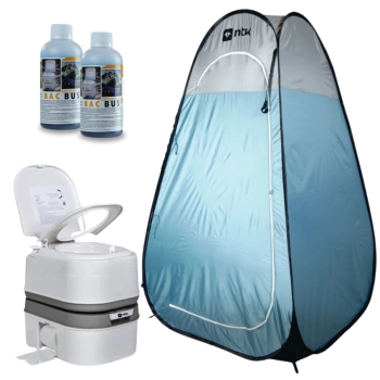 Kit Barraca Banheiro Trocador Pop Up + Vaso Sanitrio Porttil Porta Potti Ecocamp 24 L + 2 Solventes Sanitrio 250 Ml