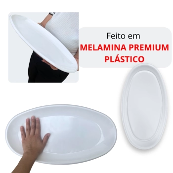 Travessa Prato Oval 45,5 Cm para Buffet Restaurante Cozinha Melamina Premium Profissional Branca Rasa