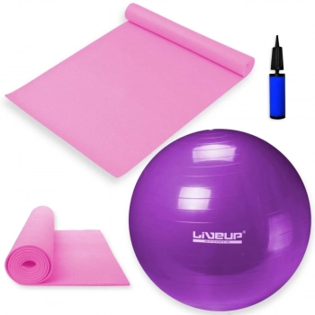 Kit Bola Sua 55 Cm Roxa + Colchonete Rosa em Eva para Yoga e Pilates + Mini Bomba