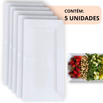 Kit 5 Travessas 56 Cm Retangular para Buffet Restaurante Profissional Melamina Branca