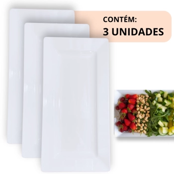 Kit 3 Travessas 56 Cm Retangular para Buffet Restaurante Profissional Melamina Branca