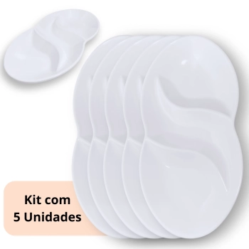 Kit 5 Petisqueiras 25,5 Cm Branca 3 Divisrias Prato Formato em Folha Melamina Premium