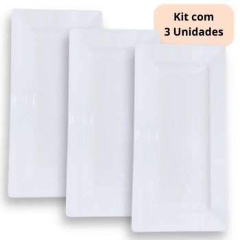 Kit 3 Travessas de 44,5 Cm Retangular para Buffet Restaurante Profissional Melamina Branca