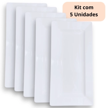 Kit 5 Travessas de 44,5 Cm Retangular para Buffet Restaurante Profissional Melamina Branca: