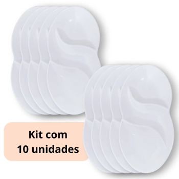 Kit 10 Petisqueiras 25,5 Cm Branca 3 Divisrias Prato Formato em Folha Melamina Premium