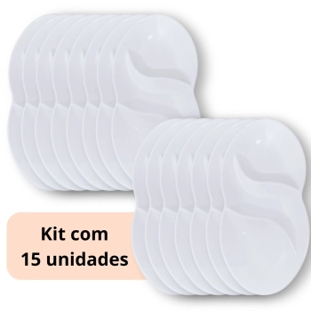 Kit 15 Petisqueiras 25,5 Cm Branca 3 Divisrias Prato Formato em Folha Melamina Premium