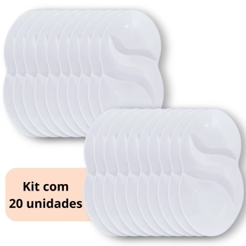 Kit 20 Petisqueiras 25,5 Cm Branca 3 Divisrias Prato Formato em Folha Melamina Premium