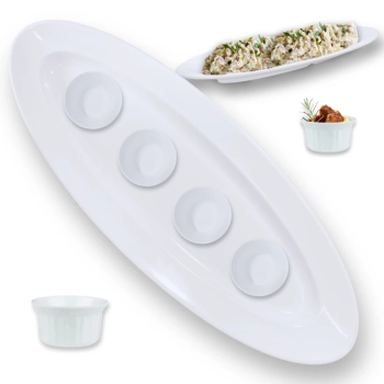 Kit Travessa Oval 60 Cm Prato Buffet Restaurante Melamina Profissional + 4 Molheiras Finger Food Comida Japonesa