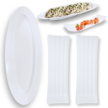 Kit Duas Travessas Ovais 60 Cm + 2 Pratos Retangulares 36 Cm Buffet Sushi Restaurante Melamina Profissional