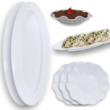 Kit Dois Pratos 60 Cm Oval + 3 Travessas Redondas Melamina para Buffet Restaurante Profissional