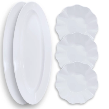 Kit Dois Pratos 60 Cm Oval + 3 Travessas Redondas Melamina para Buffet Restaurante Profissional