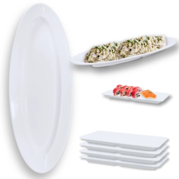 Kit Travessa Oval 60 Cm + 4 Pratos Melamina para Buffet Sushi Restaurante Profissional