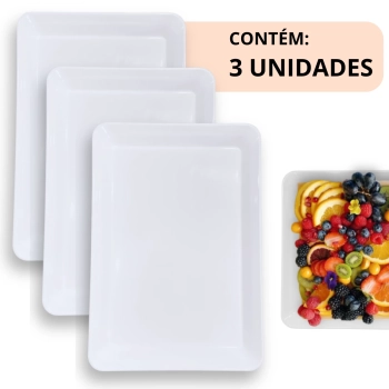 Kit 3 Travessas 30 Cm Prato Retangular para Buffet Restaurante Melamina Premium Profissional Branca