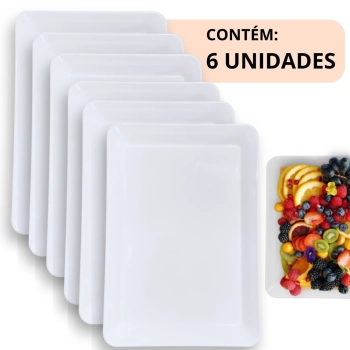 Kit 6 Travessas Prato 30 Cm Retangular para Buffet Restaurante Melamina Premium Profissional Branca