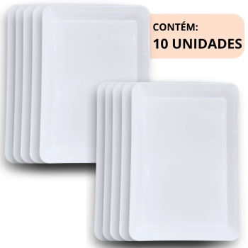 Kit 10 Travessas Prato 30 Cm Retangular para Buffet Restaurante Melamina Premium Profissional Branca