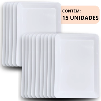 Kit 15 Travessas Prato 30 Cm Retangular para Buffet Restaurante Melamina Premium Profissional Branca