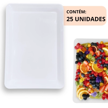 Kit 25 Travessas 30 Cm Prato Retangular para Buffet Restaurante Melamina Premium Profissional Branca