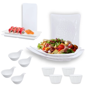 Kit 2 Travessas 37,3 Cm Salada + 2 Pratos Retos 27 Cm + 4 Colheres Finger Food + 4 Molheiras Melamina