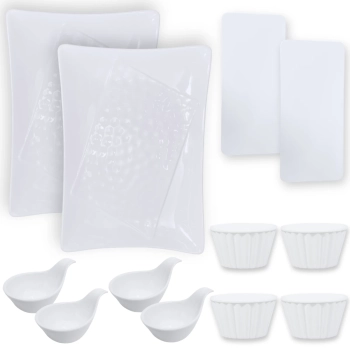 Kit 2 Travessas 37,3 Cm Salada + 2 Pratos Retos 27 Cm + 4 Colheres Finger Food + 4 Molheiras Melamina