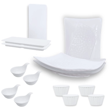 Kit 2 Travessas 37,3 Cm Salada + 2 Pratos Retos 27 Cm + 4 Colheres Finger Food + 4 Molheiras Melamina