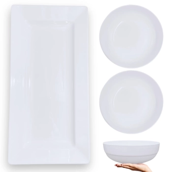 Kit Travessa 56 Cm Retangular + 2 Tigelas 1,5 L Cumbuca Redonda em Melamina para Restaurante Profissional