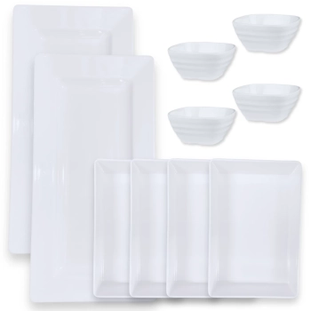 Kit 2 Travessas 44,5 Cm + 4 Tigelas 25 Cm Estriada + 4 Molheiras 225 Ml Estriada em Melamina para Restaurante