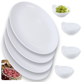 Kit 4 Travessas 33 Cm Prato Oval + 4 Tigelas Molheira 150 Ml em Melamina Branca Restaurante Buffet Profissional