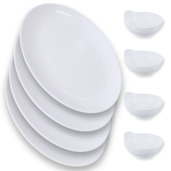 Kit 4 Travessas 33 Cm Prato Oval + 4 Tigelas Molheira 150 Ml em Melamina Branca Restaurante Buffet Profissional