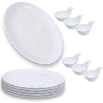 Kit 6 Travessas 33 Cm Prato Oval + 6 Colheres em Melamina Profissional Finger Food Buffet