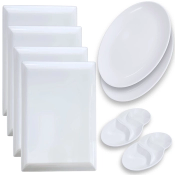 Kit 2 Travessas 33 Cm Prato Oval + 4 Pratos Melamina 35 Cm Bandeja + 2 Petisqueiras 3 Divisrias