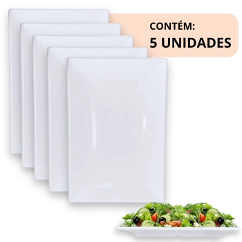 Kit 5 Travessas 40,5 Cm Retangular para Buffet Restaurante Profissional Prato Melamina Branca