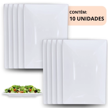 Kit 10 Travessas 40,5 Cm Retangular para Buffet Restaurante Profissional Prato Melamina Branca