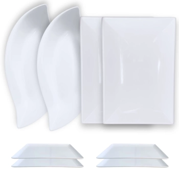 Kit 2 Travessas 40,5 Cm + 2 Travessas Formato Folha 50 Cm + 4 Pratos Melamina 24,5 Cm