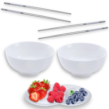 Kit Jantar 2 Tigelas Bowl 720ml para Sopa + 2 Pares de Hashi Inox + Petisqueira 25,5 Cm Melamina