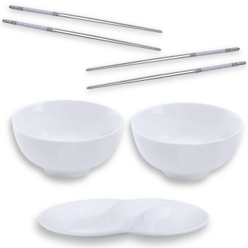 Kit Jantar 2 Tigelas Bowl 720ml para Sopa + 2 Pares de Hashi Inox + Petisqueira 25,5 Cm Melamina